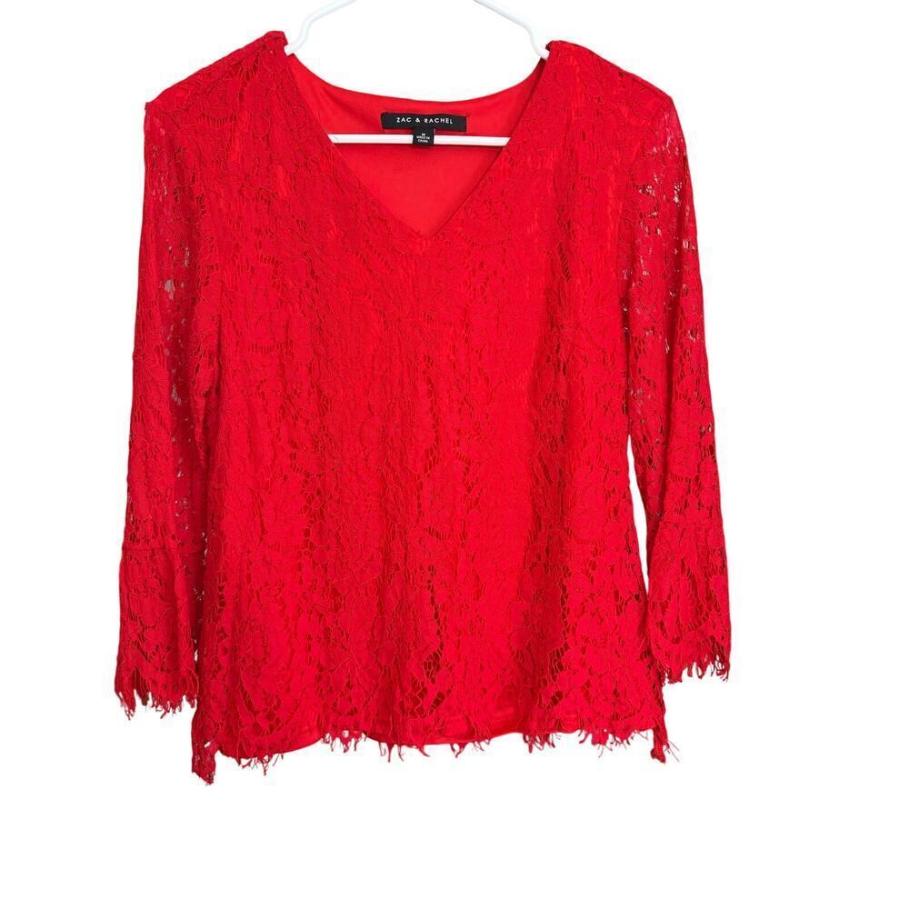 Zac & Rachel Red Lace V Neck Long Sleeve Feminine Boho Blouse sz medium - Picture 2 of 5